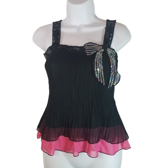 Vtg y2k Coquette Babydoll pleated black pink bow sequined cami camisole tank top - Picture 1 of 10